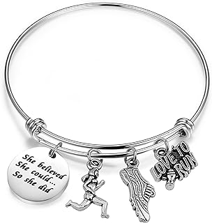 Lobster Claw Clasp She Believed She Could So She Did Charm Bracelet, Stainless Steel Box Chain Design, Perfect Marathon Gift for Runners
