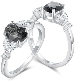 Women's 1.5CT Black Rutile Quartz Oval Cut Engagement Ring Set in Platinum 925 Sterling Silver, Art Deco-Inspired Design