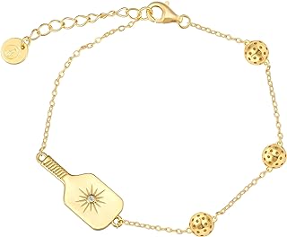 18K Gold Charm Bracelet with Box Chain, Spring Ring Clasp for Women featuring Pickleball Design - Ideal Christmas Gift for Pickleball Players