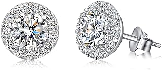 Jiamiaoi 18K White Gold Plated 3.5 Carats Round Halo Earrings 925 Sterling Silver Solitaire Stud Earrings for Women, Sparkle 5A+ Cubic Zirconia Earrings Studs CZ Diamond Stud Earrings Jewelry for Women