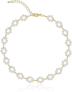 Flower Choker Necklace 14K Gold Plating Imitation Pearl Trendy Dainty Gold Pearl Necklace Cute Simple Summer Beaded Necklace for Women Girls