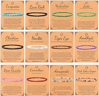 4mm Beaded Bracelet for Men and Women - Set of 12 Natural Crystal Stone Stretch Yoga Bracelets with Bead Chain Design - Jewelry Gift Ideas