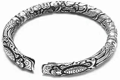 Bead Chain Silver Dragon Cuff Bracelet for Men with Double Head Dragon Design – Vintage Silver Viking Bracelet