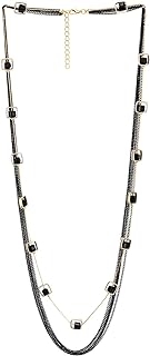 COOLSTEELANDBEYOND Multi-Strand Link Chain Necklace with Lobster Claw Clasp and Black Crystal Beads, Long Black and Gold Statement Necklace