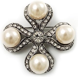 Vintage Imitation Pearl Crystal Cross Brooch (Antique Silver)