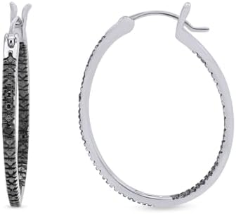 JEWEL ZONE Black Natural Diamond Accent Inside Out Hoop Earrings 14K Gold Over Sterling Silver, Gift For Her Hypoallergenic Jewelry for Sensitive Ears Large Big Hoop Earring