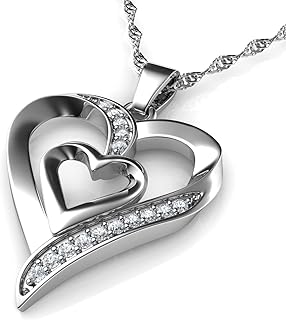 DEPHINI - Heart Necklace - 925 Sterling Silver - Double Love Heart Pendant with CZ Crystals - Jewelry for Woman - 18" Chain - Rhodium Plated