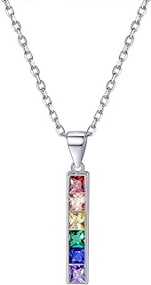 Unisex Suplight 925 Sterling Silver Rainbow Pride Pendant Necklace, LGBT Dog Tag Jewelry Embellished with Cubic Zirconia, Perfect Gift for Men & Women
