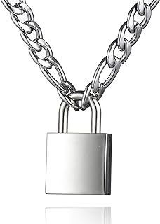 DIBOLA Stainless Steel Padlock Choker Necklace with Lobster-claw Clasp, Curb Chain Design for Men and Women, Silver - 18 to 24 inches