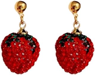 Cubic Zirconia Strawberry Stud Earrings with Push Back for Women and Teen Girls, Gold Plated Copper, Sterling Silver Post, Red Fruit Design