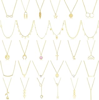 FUNEIA 30-Piece Women's Gold Choker Necklace Set with Cubic Zirconia and Cable Chain - 14K Gold Plated Layered Necklaces Featuring Beaded Butterfly, Cross, Heart, and Star Pendants
