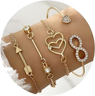 Crystal Key Anklet with Adjustable Gold Chain and Pearl Lock - 4Pcs Set of Layered Love, Star, Arrow and Heart Bangle Bracelets for Women and Girls - Dainty Gold Alloy Jewelry Gifts