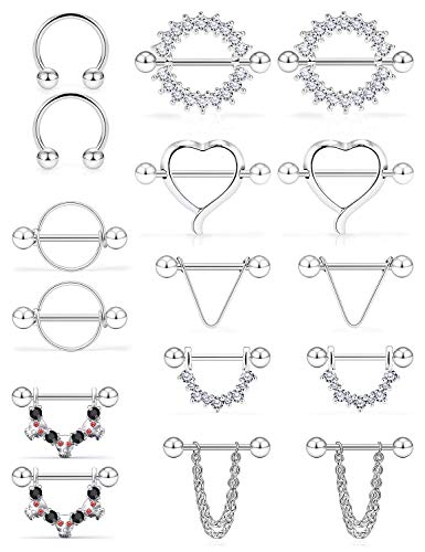 SCERRING 14G Nipple Rings Stainless Steel Nipplerings CZ Heart Tongue Shield Barbell Rings Retainer Body Piercing Jewelry for Women 9/16Inch 8 Pairs