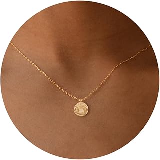 Gold Necklace for Women-14K Gold Plated Sun Necklace Dainty Medallion Coin Interlocking Hoop Necklace Cute Butterfly Bee Hummingbird Chilli Horn Necklace 16.5”+2” ext