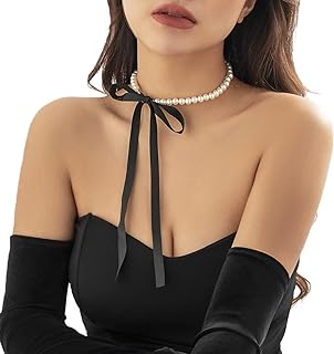 Baroque Pearl Bowknot Choker Necklace Boho Half Pearl Beaded Collar Neck Chain Black Bow Tie Long Ribbon Neck Tie Vintage Bridal Party Neck Jewelry for Women Girls