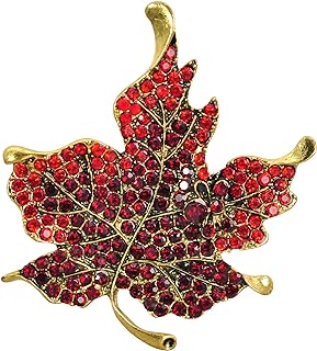 Gyn&Joy Golden Tone Red Colored Crystal Rhinestone Maple Leaf Pin Brooch