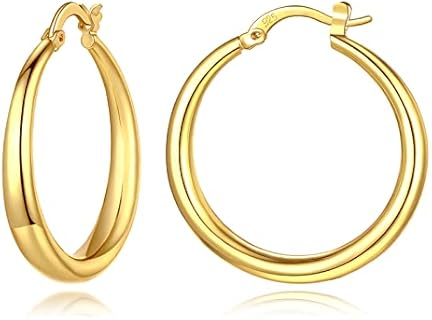 14K Gold Plated Chunky Hoop Earrings with Snap Back for Women - Classic Lightweight Design