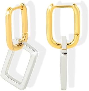 Small Two Tone Hoop Earrings for Women - Mixed Metal 18k Gold Plated, Silver Drop Charm Earings Hypoallergenic, Girls Link Chain Ear Rings 2 Toned for Sensitive Pierced Earlobes