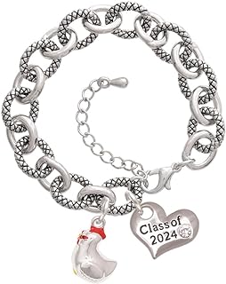 Delight Jewelry Silvertone Chicken 3-D - Class of 2024 Heart Charm Link Bracelet, 7.25+1.25" Extender