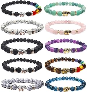 10PCS 8MM Chakra Bead Bracelet Elephant Gifts for Women Men Handmade Gemstone Bracelets Stretch Bracelet Crystal Lava Rock Reiki Healing Yoga Balancing Anxiety Bracelets