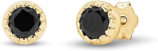 10K Yellow Gold Black Natural Round Diamond Stud Earrings with Push Back for Women, Solitaire Design