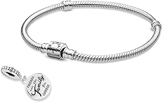 Pandora Sterling Silver Snake Chain Bracelet & Friends Are Family Dangle Charm - Aesthetic Sterling Silver Charm Bracelets with Barrel Clasp, 8.3"- Perfect Gift for Women