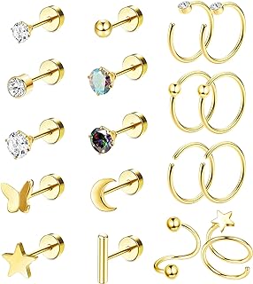 LOLIAS G23 Titanium Flat Back Stud Earrings with Zircon Gem and Push Back Findings - Hypoallergenic, 18 Piece Set for Sensitive Ears, Featuring Star, Moon and Butterfly Designs