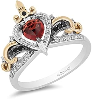 Jewelili Enchanted Disney Fine Jewelry 10K Yellow Gold and Sterling Silver with 1/5 Cttw Diamond and Red Garnet Evil Queen Ring