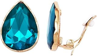 Clip-On Alloy Jade Earrings, Women's Large Sparkling Teardrop Design with Glass Crystals Detail, Non-Pierced Comfortable Fit