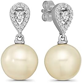 10K White Gold Drop Earrings with Diamond and Freshwater Cultured Pearl, Ideal for Elegant Wear - Secure with Push Back Closure