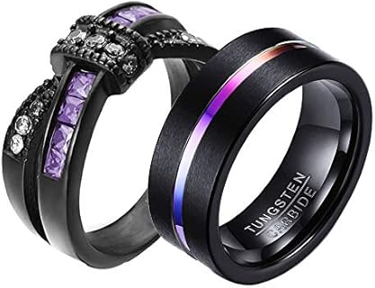 IOU His Hers Wedding Ring Sets Couples Rings Black IP Cross Engagement Ring for Women Violet Cz Wedding Ring Bridal Sets 8mm Men's Tungsten Carbide Wedding Band