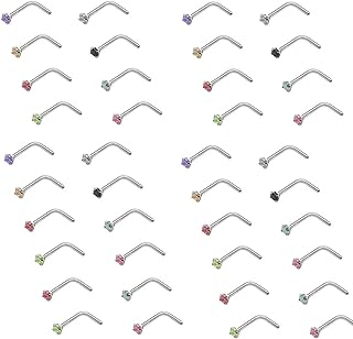 COLORFUL BLING 40 Pcs Set 20G Nose Rings for Women Men Multicolor 5A CZ Corkscrew Nose Studs L Shaped Nose Rings Stainless Steel Nose Piercing Jewelry