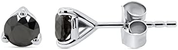 14K White Gold Over Sterling Silver Black Diamond Stud Earrings with Push Backs for Women & Girls, Round Solitaire Design