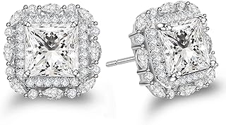 AMORAMOR & FOREVER 18K White Gold Plated Blue Created Sapphire Stud Halo Earrings For Women 925 Sterling Silver Post CZ Cubic Zirconia Crystal Square Princess Cut Earring Studs Wedding Earrings Jewelry