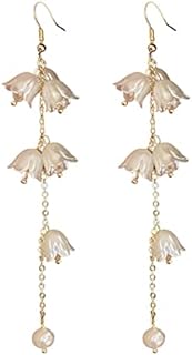 Long Shell Pearl Bell Flower Dangle Earrings for Women Girls Hypoallergenic Gold Plated White Tulip Flowers Tassel Chain Drop Dangling Hook Stud Cute Wedding Birthday Hawaii Party Christmas Jewelry Gifts