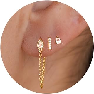 CHESKY Women's 14k Gold Plated Dangle Stud Earrings with Lobster Clasp and Cubic Zirconia, Trendy Hypoallergenic Double Piercing Chain Design
