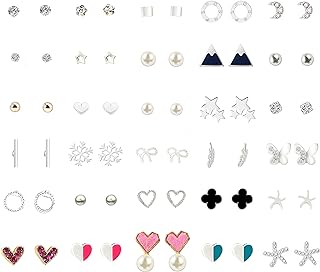 Stud Earrings Set Crystal Pearl Round Circle Heart Cubic Zirconia Geometric Ball Hypoallergenic Earring Set Charm Trendy Piercing Jewelry Gift for Women Girls Teens Lady,30 Pairs Earring