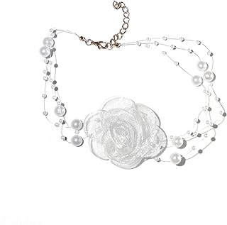 Vintage Camellia Flower Choker Necklace Pearl Lace Flower Tie Cravat Necklace Bride Wedding Party Summer Necklaces for Women Teens Girls