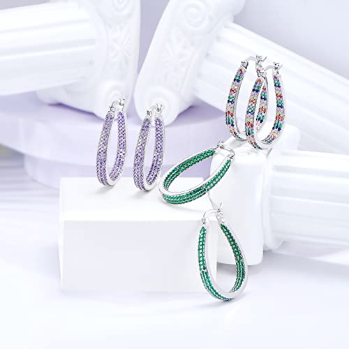 925 Sterling Silver Post Hoop Earrings for Women Gilrs Multcolors Cubic Zirconia 14K Gold Plated Oval Chunky Silver Gold Hoop Earrings weinuo Jewelry