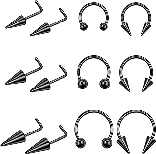 Spike Nose Ring 12-Piece Set 316L Stainless Steel Unisex Septum Piercing Jewelry for Women and Men, Hypoallergenic, L/S Shaped Studs and Hoops