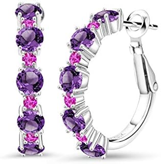 Gem Stone King 925 Sterling Silver Purple Amethyst and Pink Sapphire Hoop Earrings For Women (2.90 Cttw, Round 4MM and 1.9MM, Gemstone Birthstone 1 Inch Diameter)