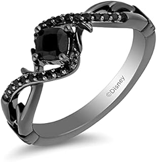Disney Villain Maleficent Engagement Ring for Women with 4MM Center Cushion Shape Onyx and 1/10 Cttw Treated Black Round Diamond in Black Rhodium over Sterling Silver by Jewelili | Enchanted Disney Fine Jewelry