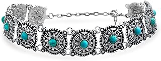 Native America Fashion Festival Concho Faux Blue Turquoise Choker Necklace Western Jewelry for Women Teen Oxidized Silver Plated Adjustable