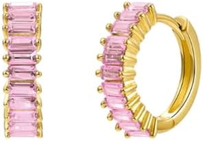 Cubic Zirconia Sleeper Cartilage Small Hoop Earrings for Women Girls 925 Sterling Silver Post 18K Gold Plated Hypoallergenic Multi Colors Birthstone Crystal Round Huggie Hoops Minimalist Hooped Fashion Jewelry Gifts 10mm