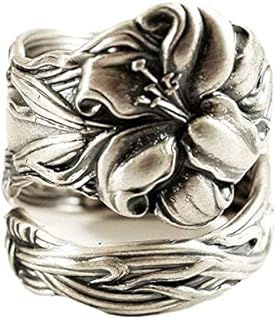 100% Apollo Vintage Spoon Rings for Women Lily Flower Open Adjustable Boho Floral Statement Jewelry,
