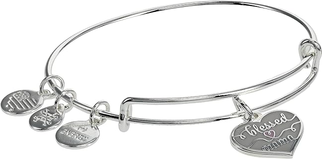 "Blessed Mama" Mom Bangle Bracelet with Slide Clasp for Women, Heart Charm Design, Adjustable Size, Nickel-free Brass, Proudly Made in USA