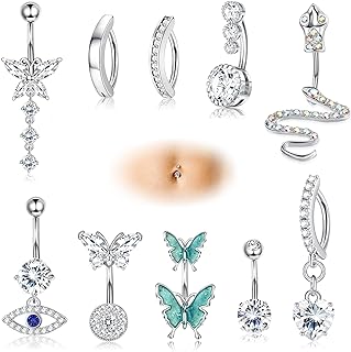 FINREZIO 10PCS 14G Clicker Belly Button Rings for Women Surgical Steel Dangle Cute CZ Snake Evil Eye Butterfly Belly Button Rings Reverse Curved Navel Belly Barbell Piercing Jewelry