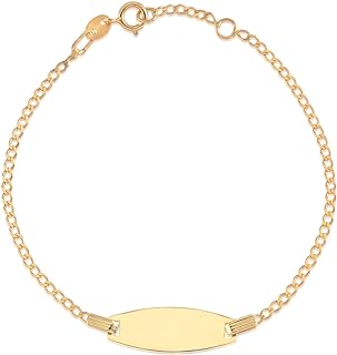 UNICORNJ 14k Gold ID Bracelet Engravable Girls Boys Kids Baby Infant, Personalized Figaro Curb Chain Name Bracelets for Babies Newborn Toddler Child Girl Boy Yellow Gold, Made in Italy