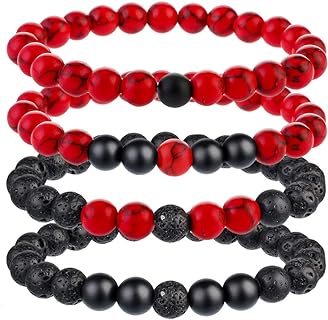 Red Bead Tiger Eye Natural Stone Stretch Bracelets with Bead Chain and Spring Ring Clasp, for Couples, Healing Chakra Yoga Friendship Design by MJartoria