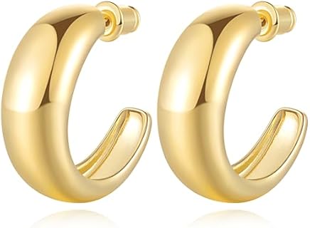 Women's 14k Gold Cossa Hoop Earrings with Push Back Closure & Unique C-shape Design, 25mm Size